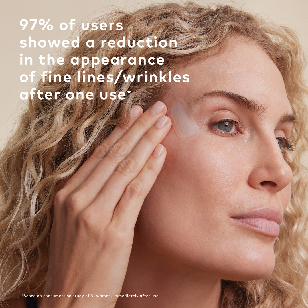 Unwrinkle Patch shown in use; available in small, medium, and large. Text overlay: "97% saw fewer fine lines and wrinkles after one use.