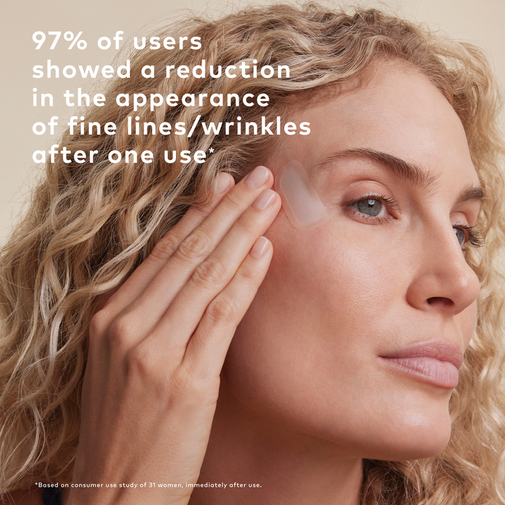 Unwrinkle Patch shown in use; available in small, medium, and large. Text overlay: "97% saw fewer fine lines and wrinkles after one use.