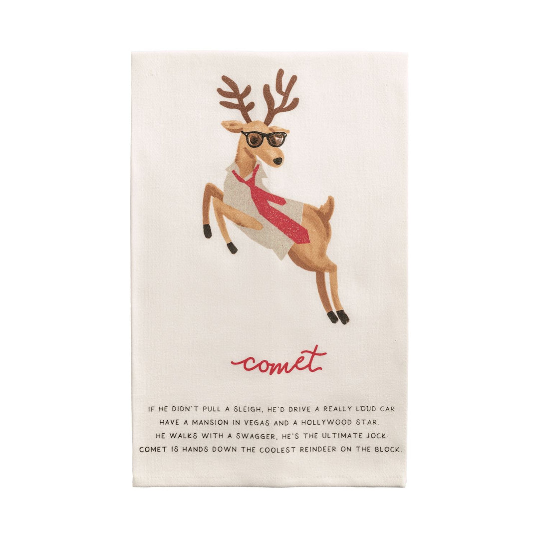 Santa’s Reindeer Poem Hand Towel featuring a cartoon reindeer with sunglasses, a necktie, the name “Comet,” and a poem. Available in various sizes.