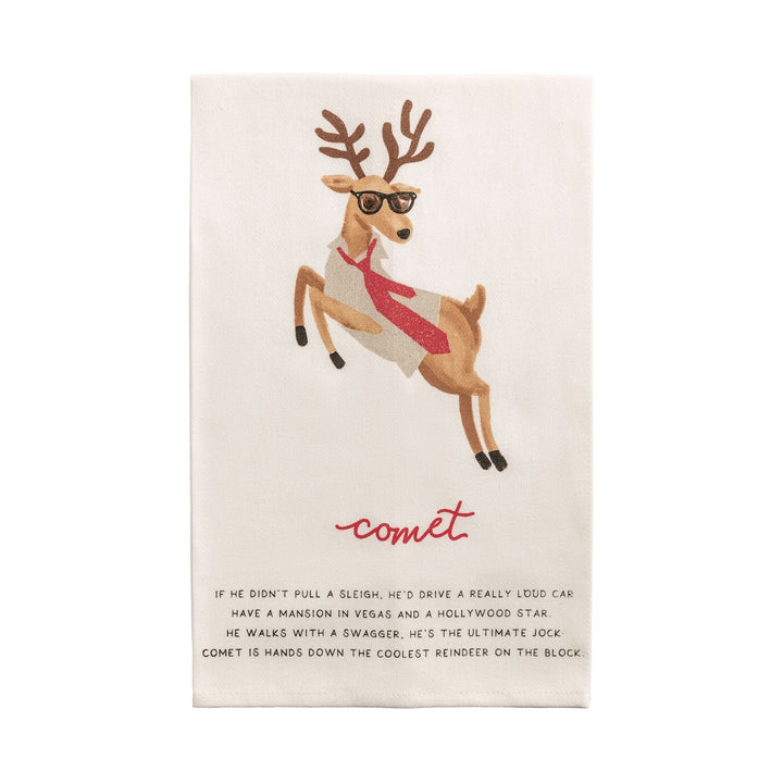 Santa’s Reindeer Poem Hand Towel featuring a cartoon reindeer with sunglasses, a necktie, the name “Comet,” and a poem. Available in various sizes.