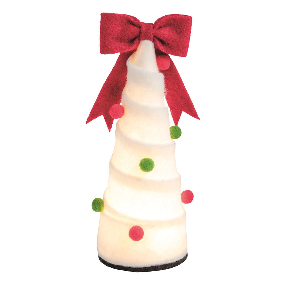 LED felted wool pom-pom Christmas tree with pink and green accents, a red bow, and LED lights.