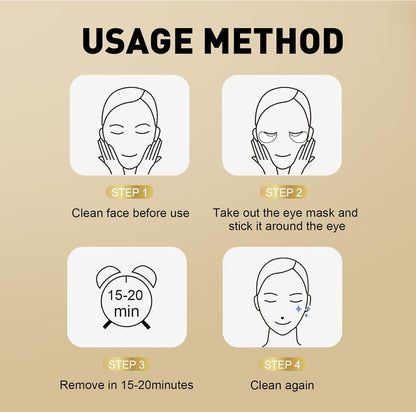 Infographic shows four steps for Crystal Collagen Gold Powder Eye Mask (sizes: small, large): cleanse, apply, wait, remove.