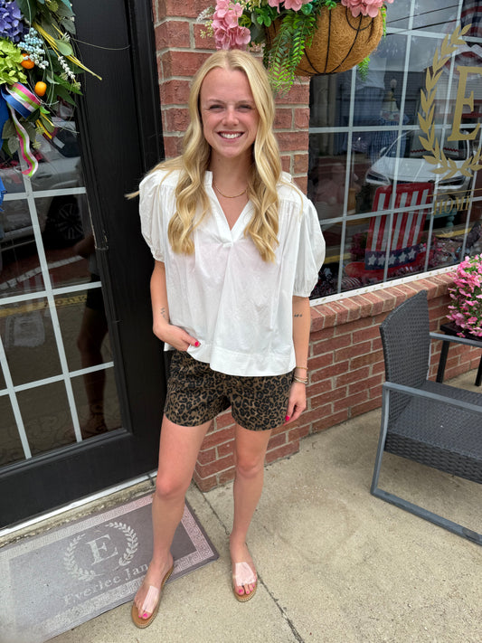 Ruffled V-Neck Puff Sleeve Blouse available in sizes XS-XL.