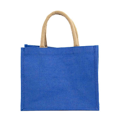 Blue jute gift tote bag with thick beige handles, ideal for monogramming. Available in small, medium, and large sizes.