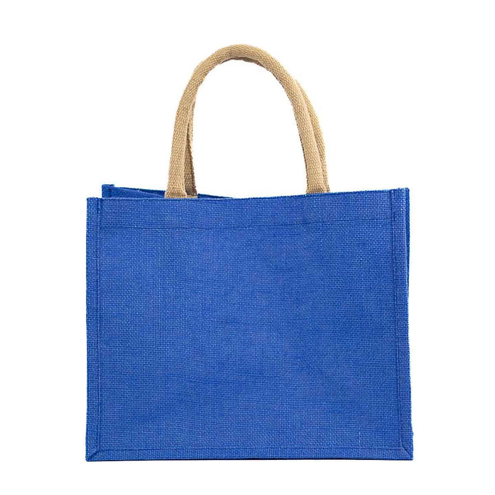 Blue jute gift tote bag with thick beige handles, ideal for monogramming. Available in small, medium, and large sizes.