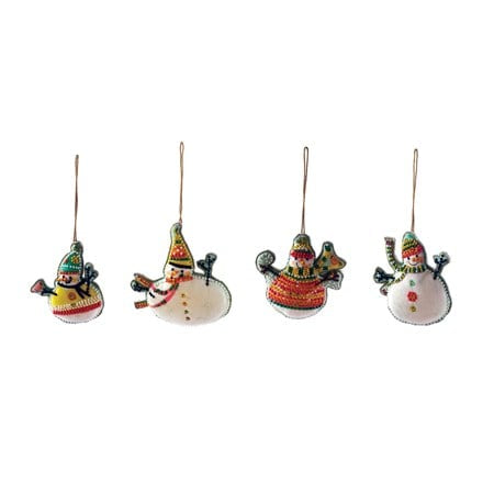 Four cotton velvet snowman ornaments with embroidery and glass beads, each with hanging loops.