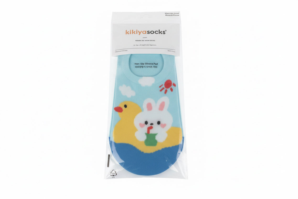 Blue Kikiya Socks fake socks in packaging with bunny and duck design, double silicone pads. Sizes available: S, M, L.