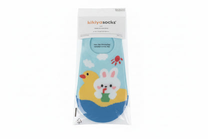 Blue Kikiya Socks fake socks in packaging with bunny and duck design, double silicone pads. Sizes available: S, M, L.
