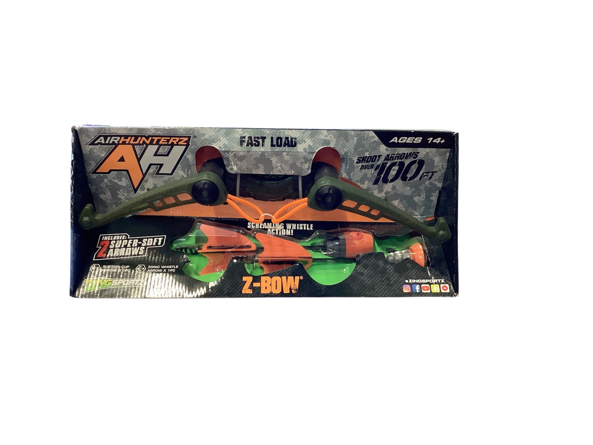 AirHunterz Z-Bow toy bow in packaging; shoots soft arrows over 100ft; for ages 14+; available in standard size.