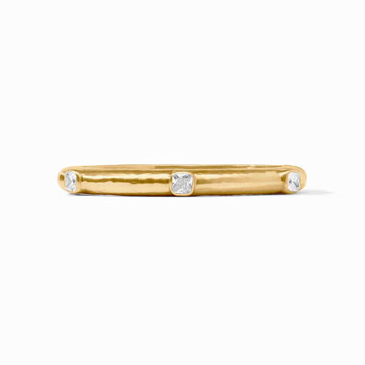 Slim gold Catalina Hinge Bangle with hammered texture, three evenly set cubic zirconia stones. Available in S/M and M/L.
