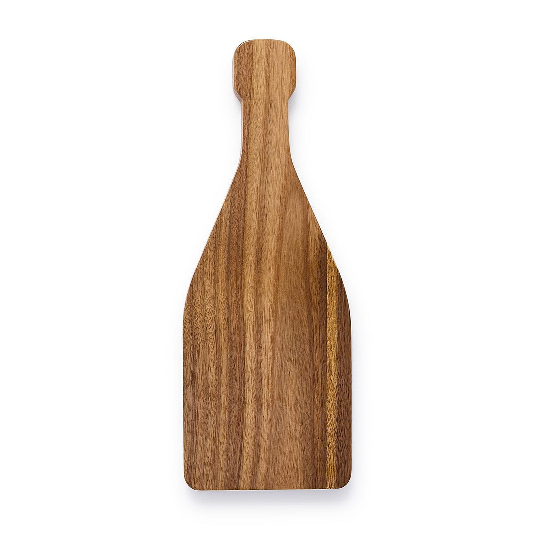 Bottle-shaped Champagne Toast Charcuterie Board made from acacia wood with a top handle and visible grain. Available in small, medium, and large sizes.