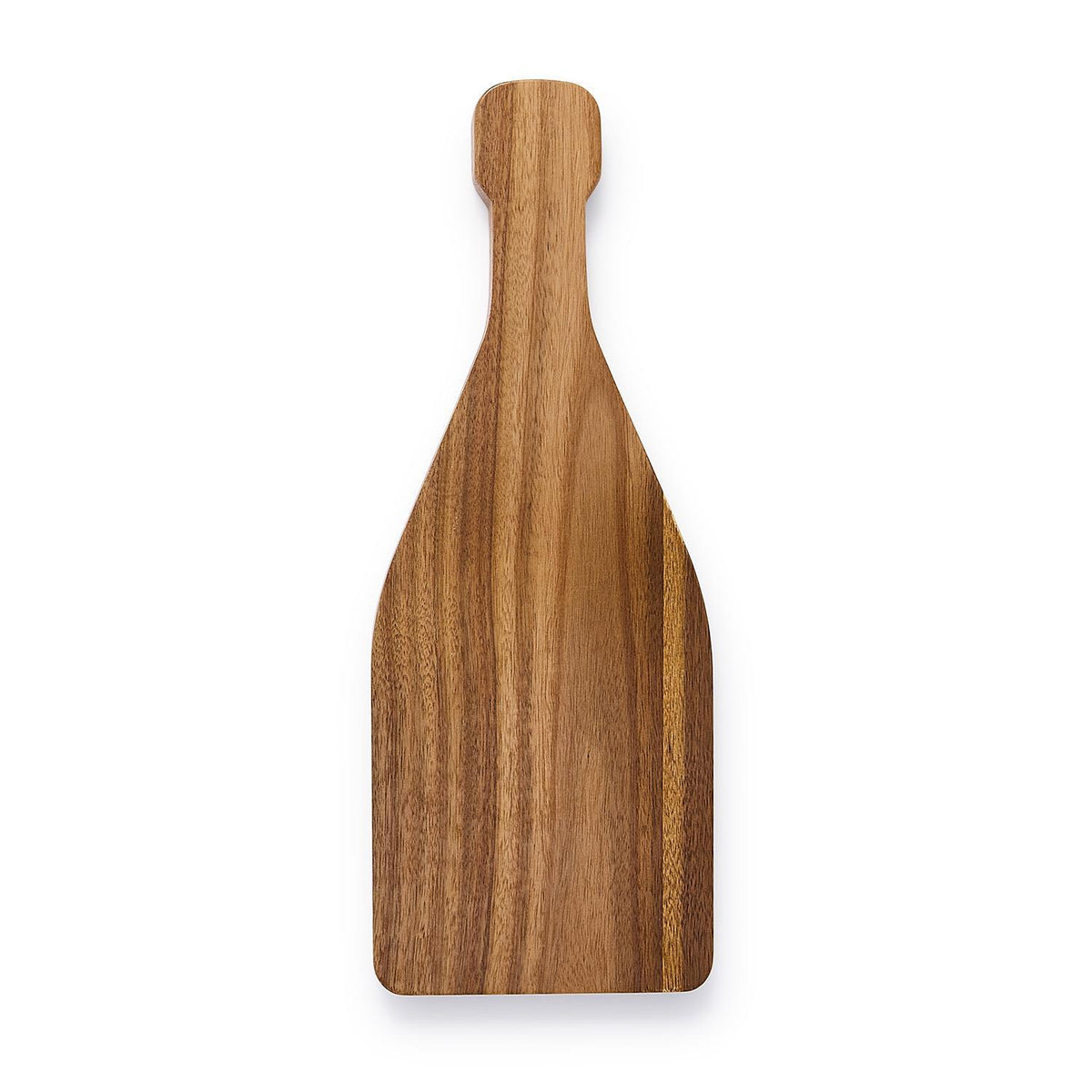 Bottle-shaped Champagne Toast Charcuterie Board made from acacia wood with a top handle and visible grain. Available in small, medium, and large sizes.