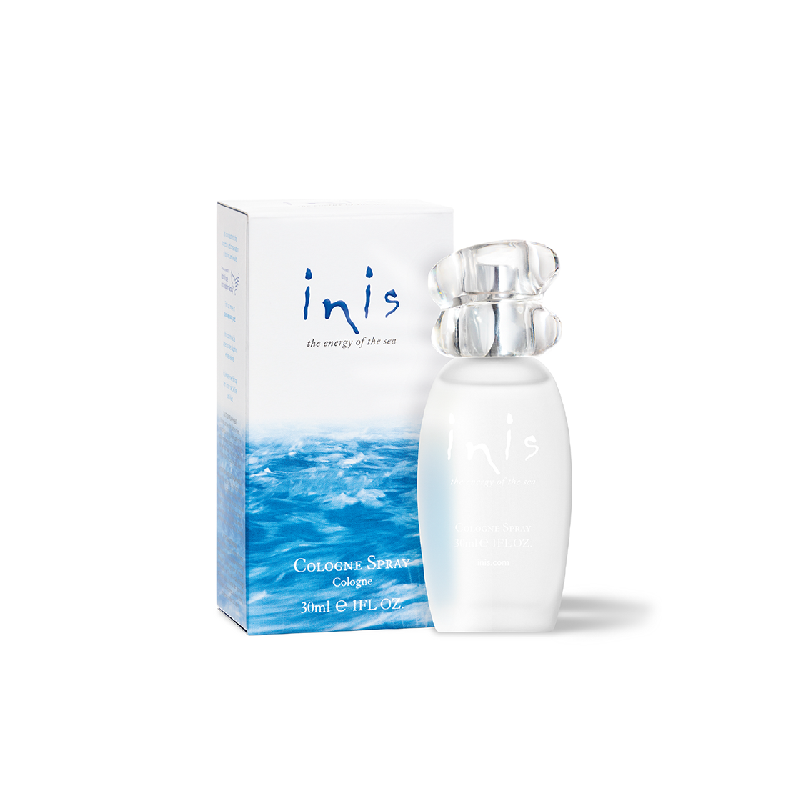 Inis Fragrances of Ireland cologne spray, white bottle with clear cap. Available in 30ml, 50ml, and 100ml sizes.