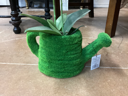 Faux Moss Watering Can with artificial leaves and "Two's Company" tag. Available in small, medium, and large sizes.