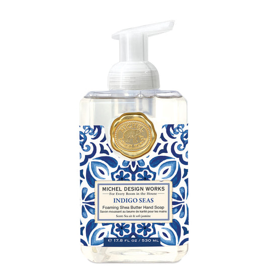 Indigo Seas Foaming Soap in a clear, pump-top bottle with blue-white patterns; available in multiple sizes.