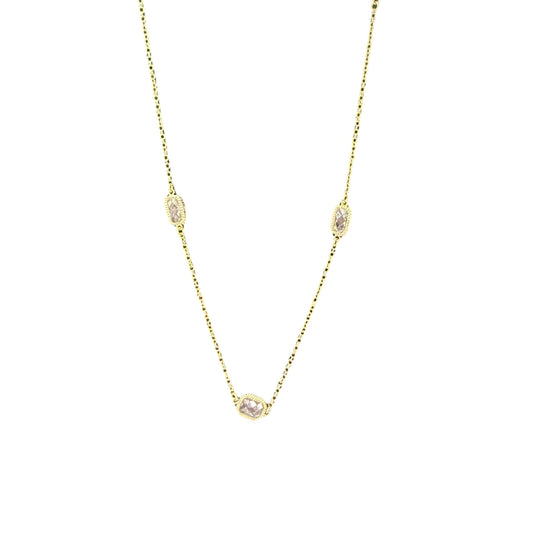 Febe Gold Necklace: delicate gold chain with three oval and marquise clear crystal accents. Available in 16" and 18" lengths.