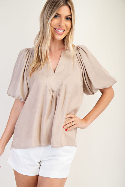 Cathleen V-Neck Balloon Sleeve Top in taupe, available in sizes XS-XL.