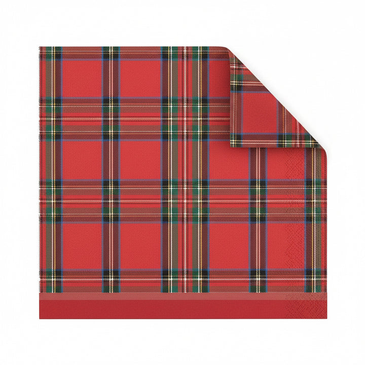 Red biodegradable tartan paper cocktail napkins with a green, black, white, and yellow plaid pattern and a folded corner. Available in various sizes.