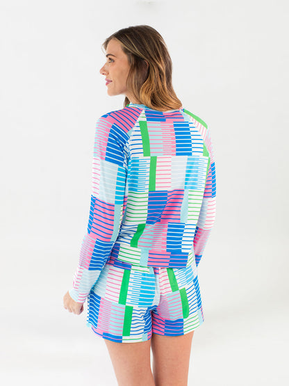 Annie Shorts Set: relaxed-fit long-sleeve top and shorts in ButterSoft fabric, geometric print. Sizes XS–XL.