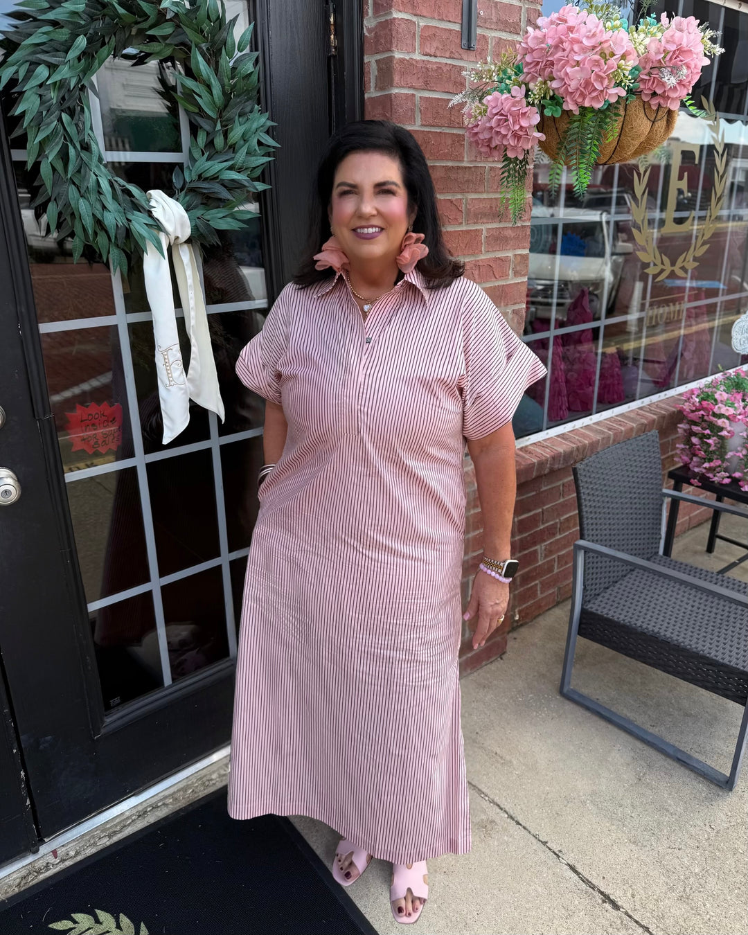 Pink &amp; Brown Striped Polo Midi Dress with collar, short sleeves, and side pockets. Available in multiple sizes.