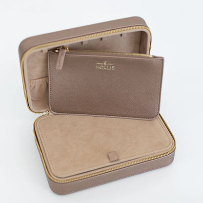 Taupe zippered Jewelry Organizer with removable pouch, gold “HOLLIS” logo, bird design, beige suede lining. Sizes: S/M/L.