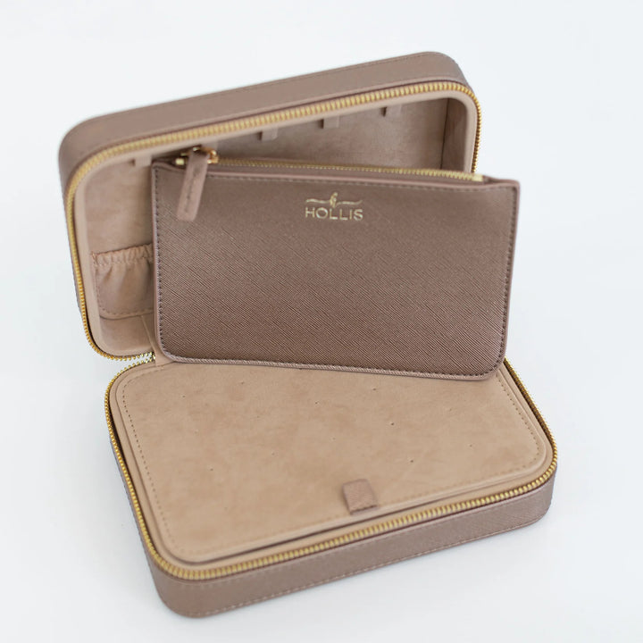 Taupe zippered Jewelry Organizer with removable pouch, gold “HOLLIS” logo, bird design, beige suede lining. Sizes: S/M/L.