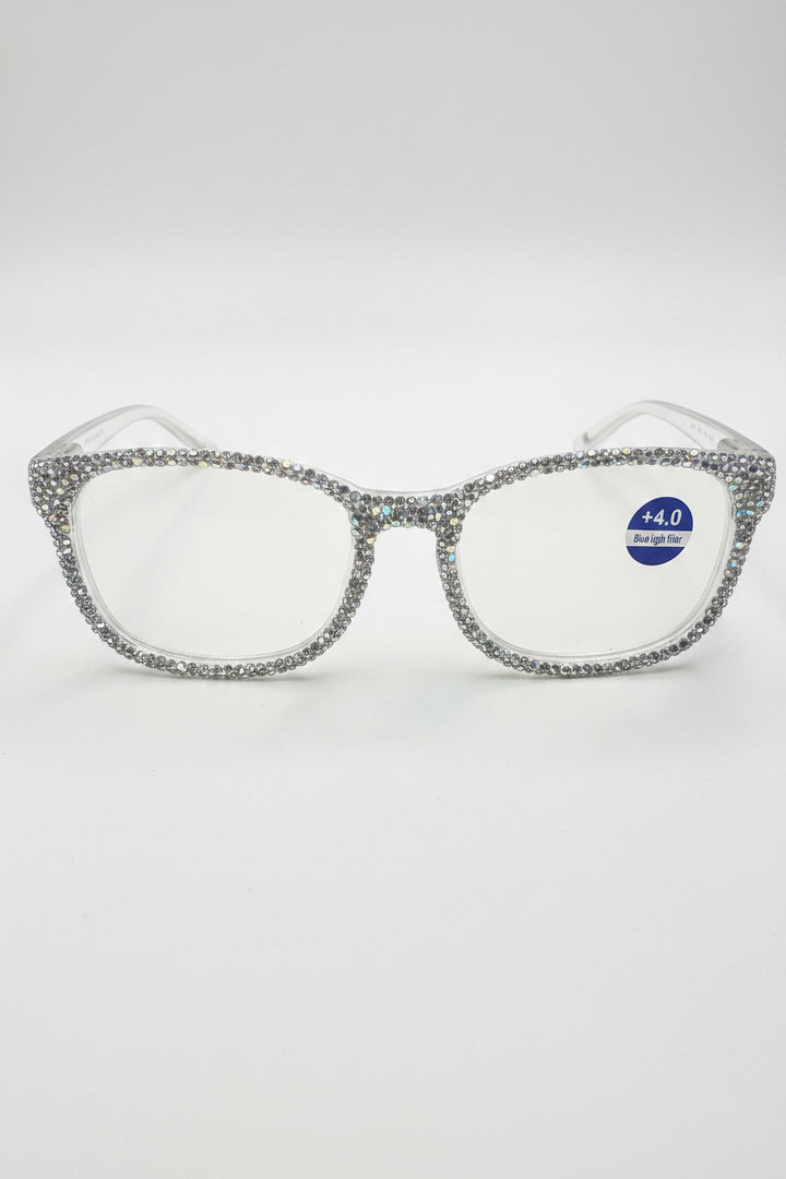 Thick, rhinestone-covered Glitter Framed Power Eyeglasses with "+4.0 Dual Sight View" sticker; sizes: +1.0 to +4.0.