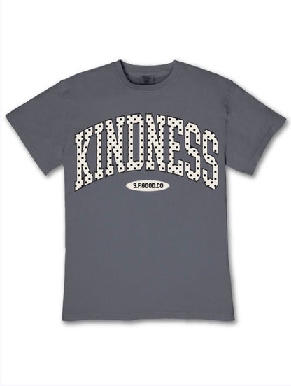 Gray polka dot tee with "KINDNESS" and "S.F.GOOD.CO" on front. Available in sizes S-XL.