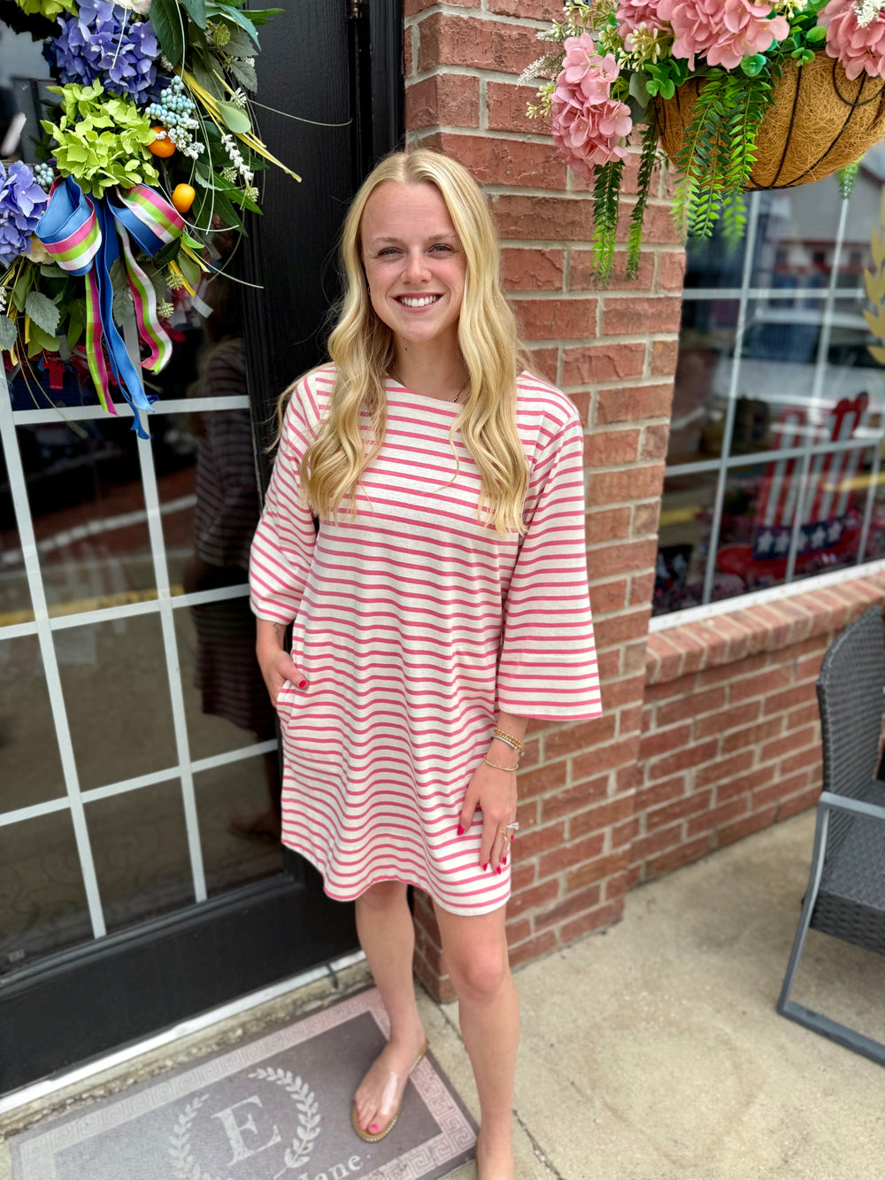 Striped Round Neck Half-Sleeve Dress, available in 2 colors and multiple sizes.