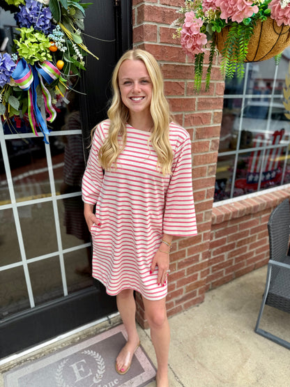 Striped Round Neck Half-Sleeve Dress, available in 2 colors and multiple sizes.