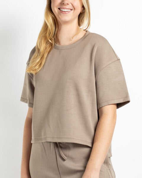 Mocha Taylor Crew Neck short sleeve top. Sizes available.