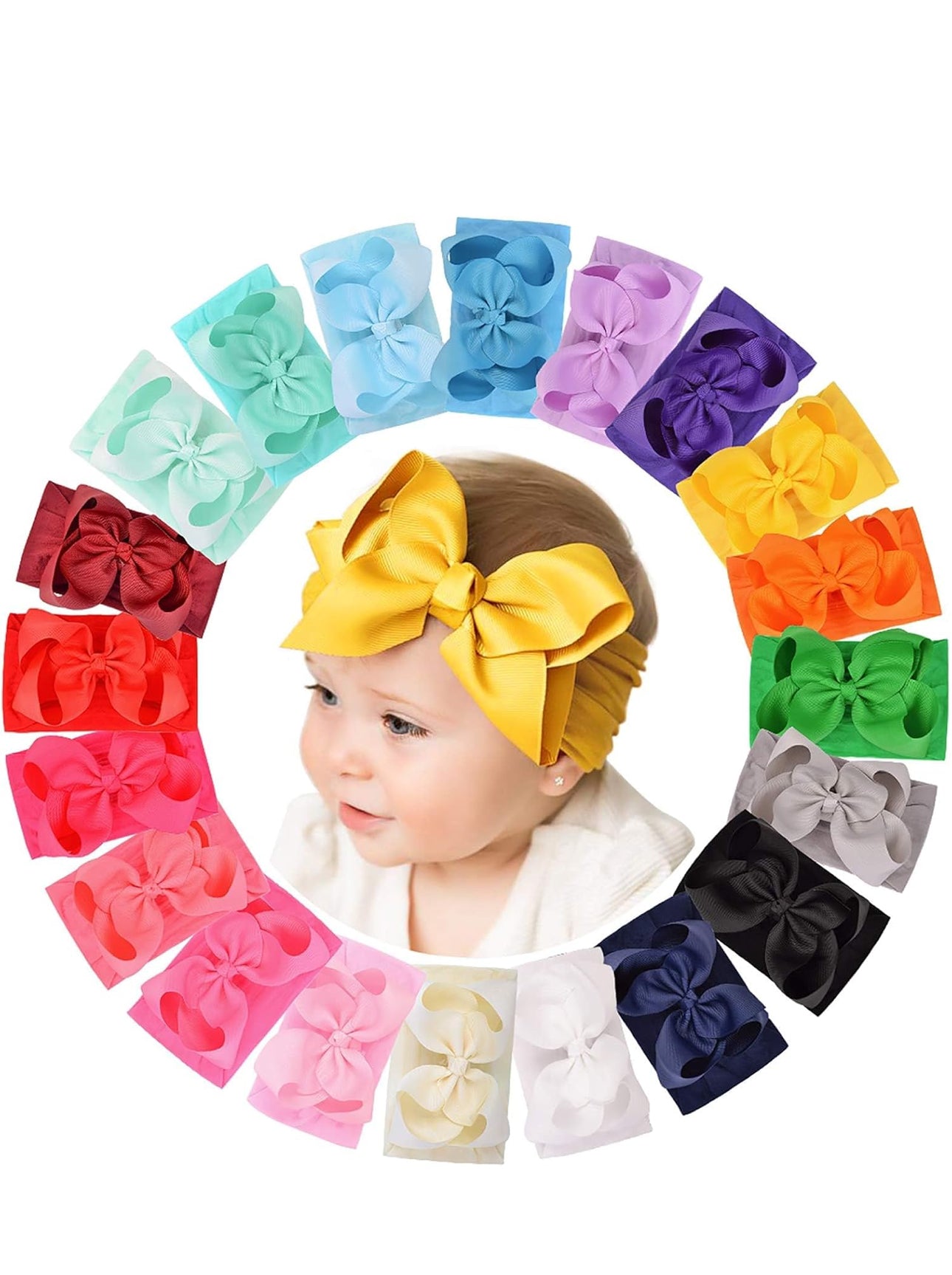 Infant & Toddler Bow Headbands: 18 colorful nylon bows, sizes NB to toddler. Shades include red, pink, blue, purple, green.