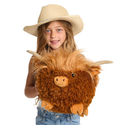 Highland Cow Super Soft Snuggle plush, ultra-soft material. Available in small, medium, and large sizes.
