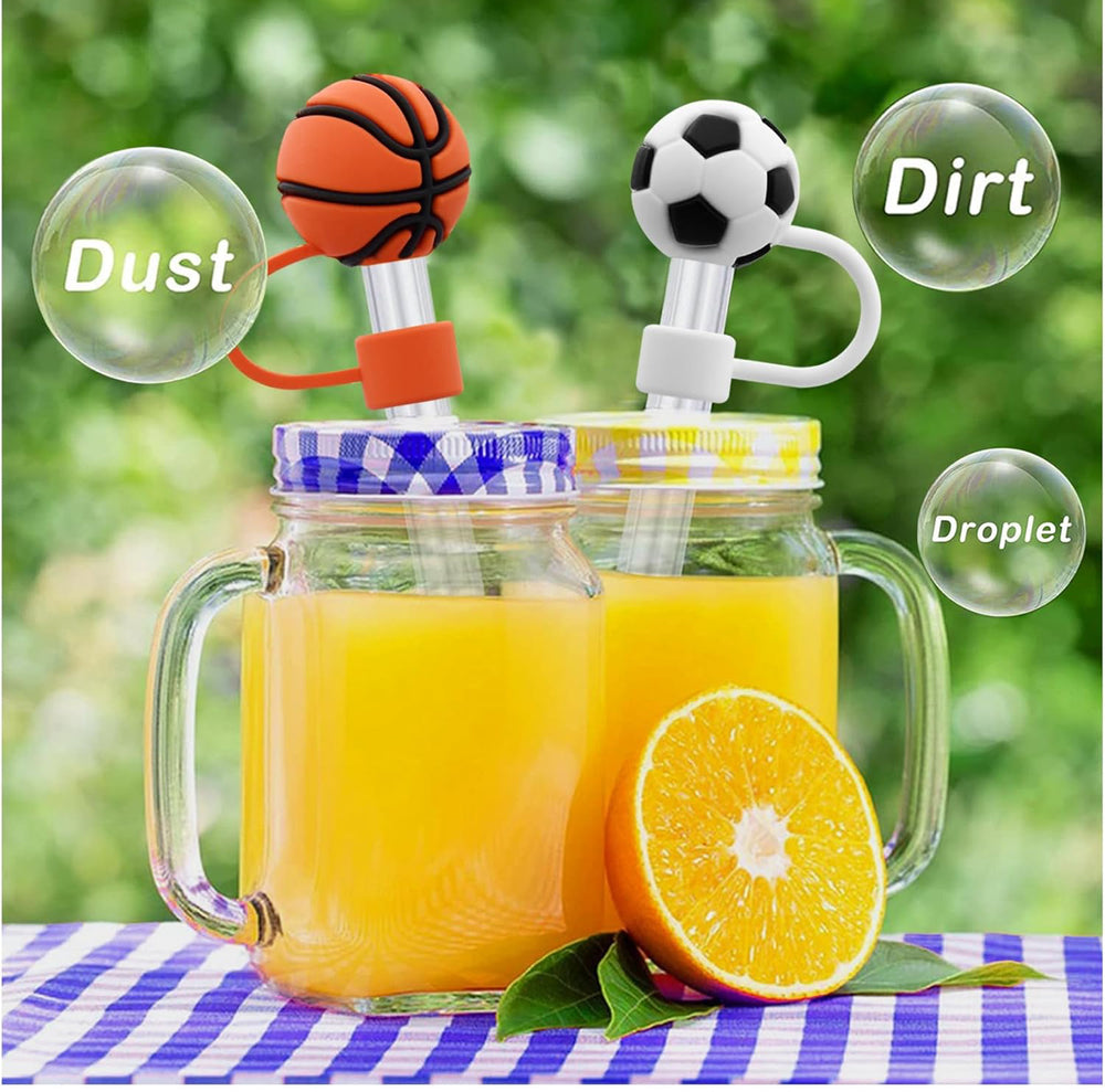 Sports Straw Covers in basketball and soccer ball shapes, leak-proof; available in small, medium, and large sizes.