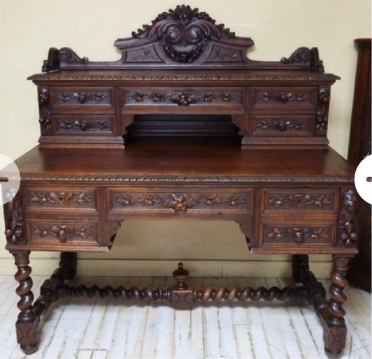 Louis XIII Style Barley Twist Oak Desk with carved details, multiple small drawers; sizes available: standard, large.
