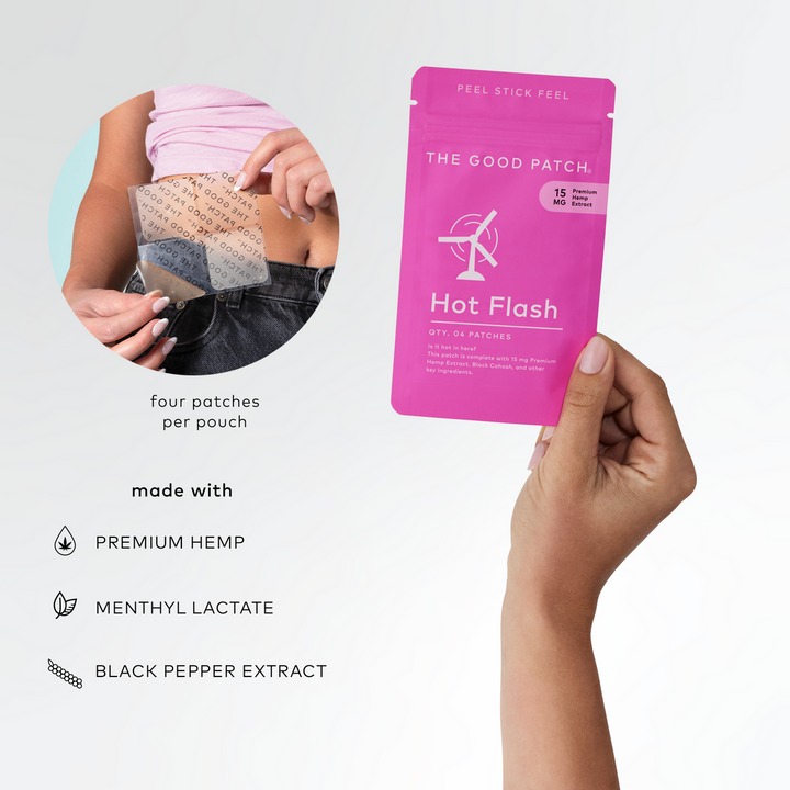 Pink "Hot Flash Patch" pouch with premium hemp, menthyl lactate, black pepper extract. Sizes: not specified.