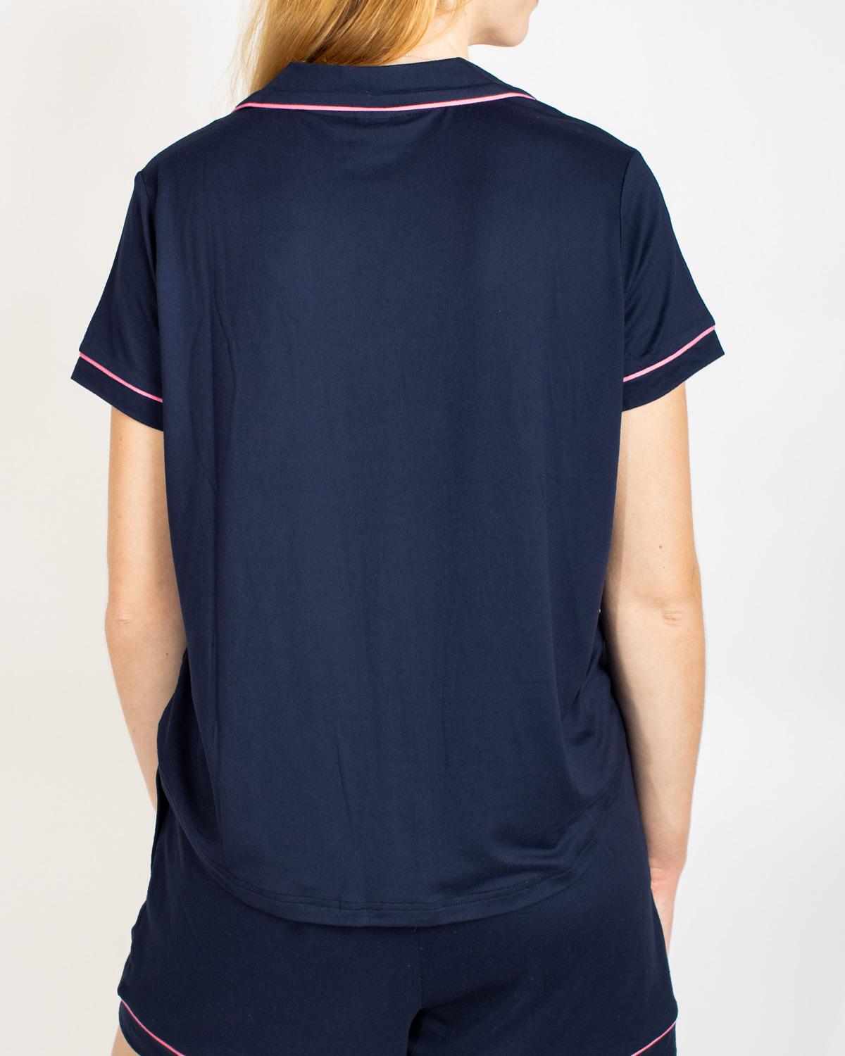Elizabeth Short Sleeve Button Up Sleep Shirt and shorts in navy with pink trim, relaxed fit, elastic waist. Sizes XS–XL.