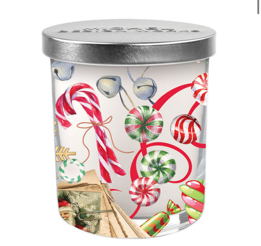 Peppermint Jar Candle: Glass jar with silver lid, holiday-themed illustrations. Sizes: Small, Medium, Large.