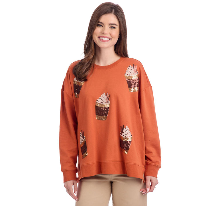 Pumpkin Spice Sweatshirt with sequined coffee cup designs, available in sizes S-XXL.