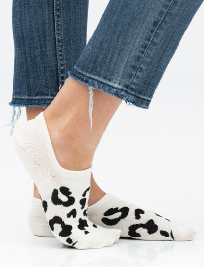 No-Slip Sneaker Socks in Leopard Print shown; available in sizes S, M, and L.