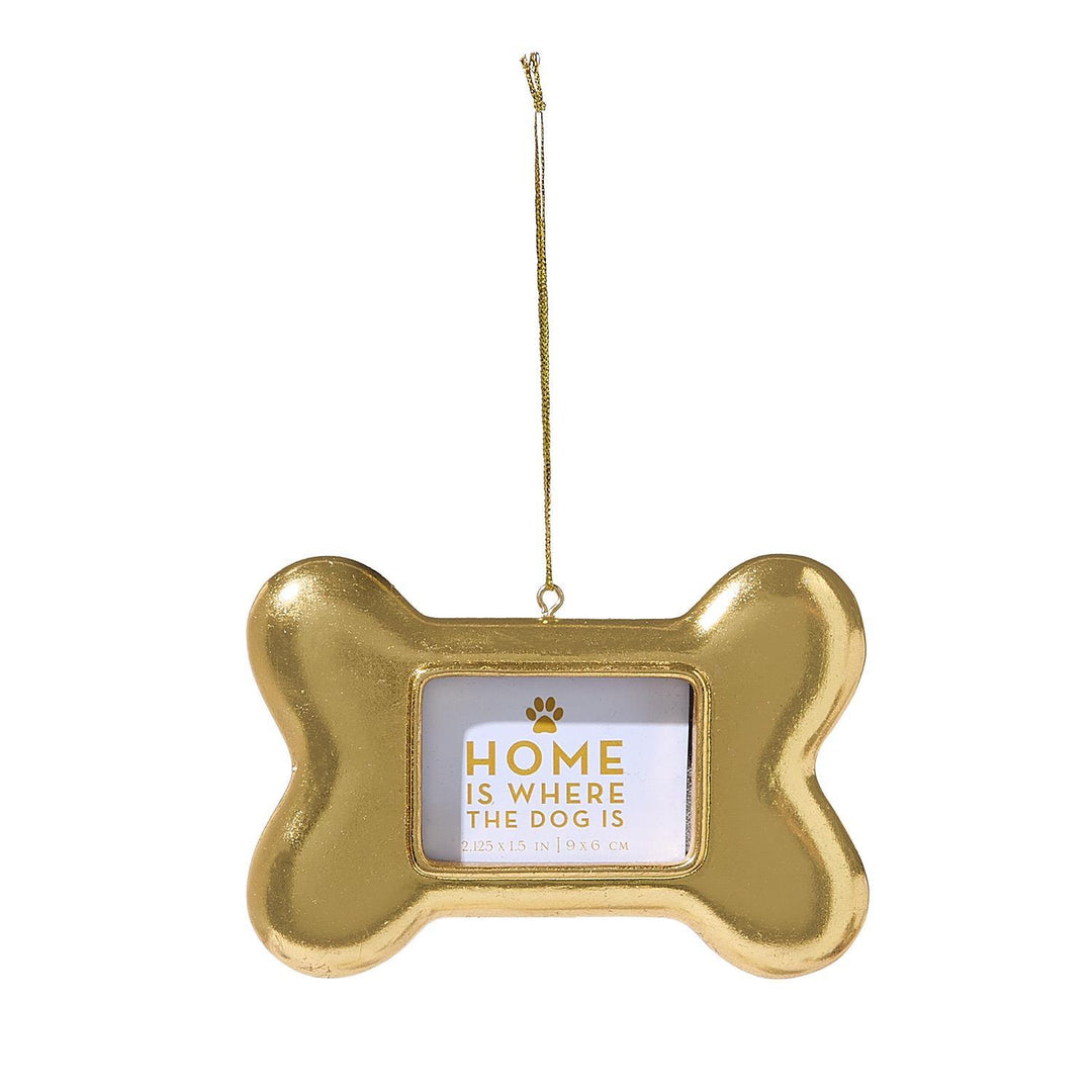 Gold bone-shaped Dog Bone Photo Ornament, 2.125 x 1.5 inches, with “Home is where the dog is” frame.