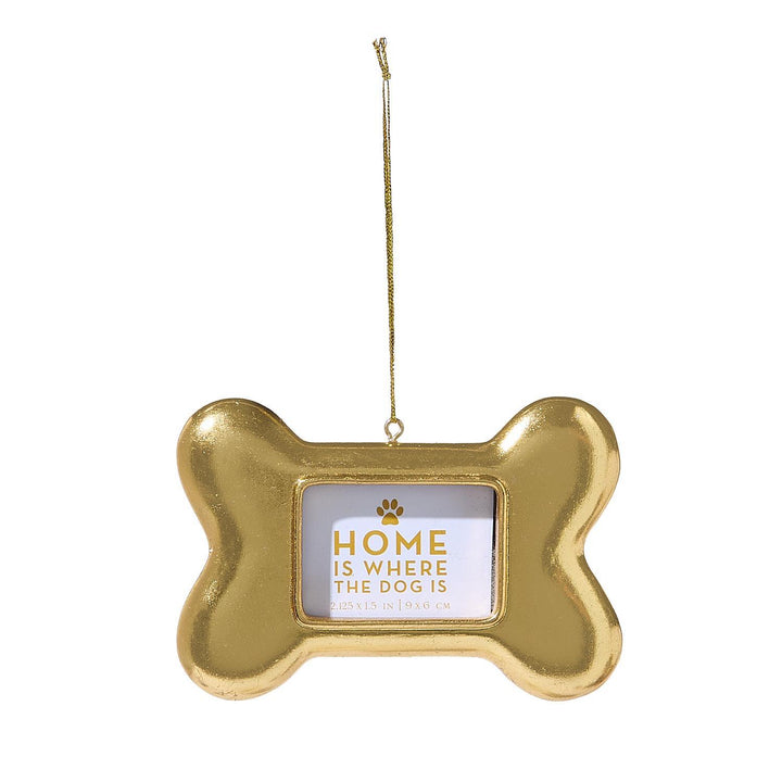 Gold bone-shaped Dog Bone Photo Ornament, 2.125 x 1.5 inches, with “Home is where the dog is” frame.