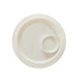 The Chip and Dip Platter Pinstripes is a circular, beige melamine platter with a smaller compartment on the right side. It features a subtle striped texture on the outer edge, blending durability with minimalist style for outdoor use. Available in one size.