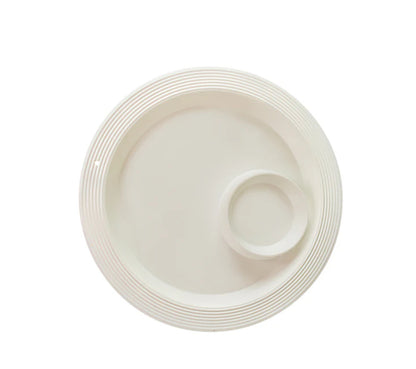 The Chip and Dip Platter Pinstripes is a circular, beige melamine platter with a smaller compartment on the right side. It features a subtle striped texture on the outer edge, blending durability with minimalist style for outdoor use. Available in one size.