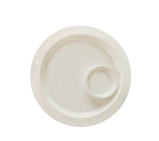 The Chip and Dip Platter Pinstripes is a circular, beige melamine platter with a smaller compartment on the right side. It features a subtle striped texture on the outer edge, blending durability with minimalist style for outdoor use. Available in one size.