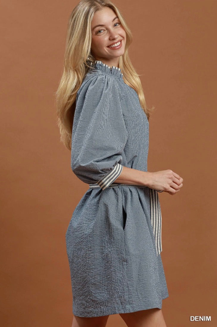 Contrast Tie Waist Mini Dress with blue and white striped contrast details, A-line silhouette, and puffed sleeves. Available in sizes XS-XL.
