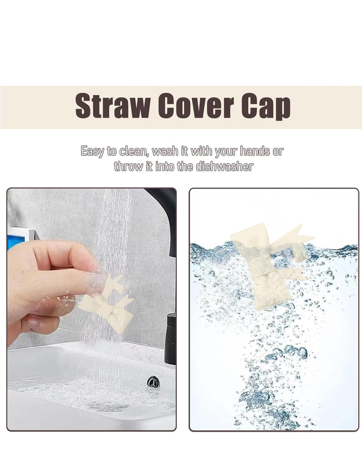 Beige Large Bow Straw Cover (available in large size) rinsed under faucet, labeled “Easy to clean—handwash or dishwasher.”.