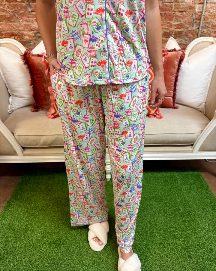 Mahjong Dreams Short Sleeve &amp; Pants set featuring colorful printed designs. Available in sizes XS–XL.