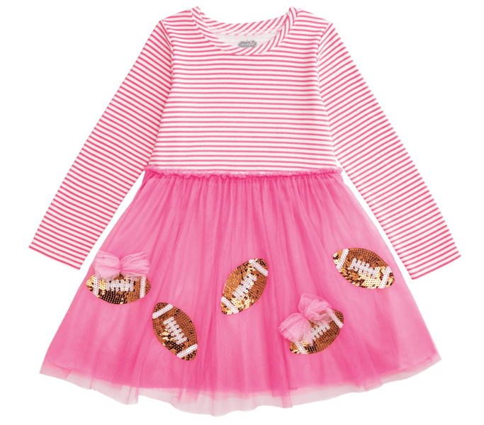 Sequin Football Tutu Dress with pink and white striped long sleeves and a pink tulle skirt decorated with sequin footballs and bows. Available in sizes 2T-6T.