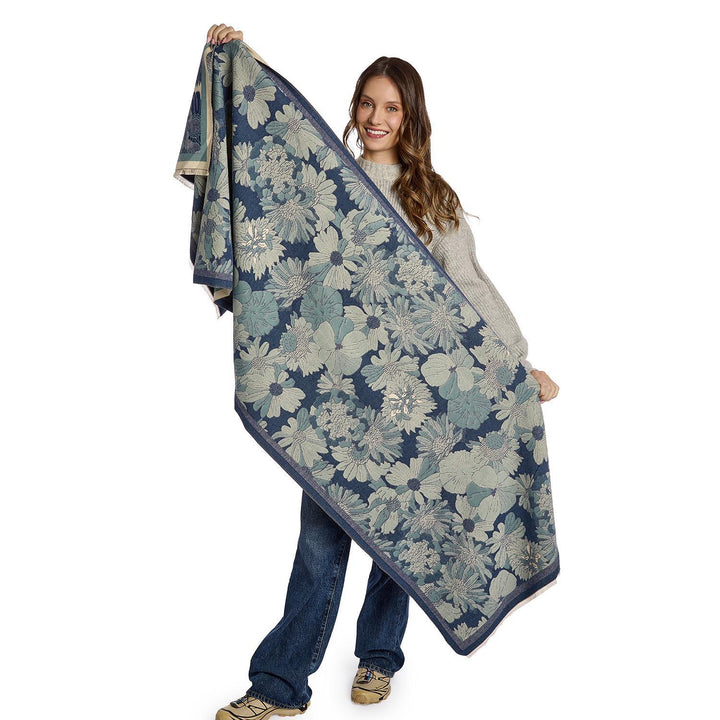 Blue Floral Scarf: lightweight rectangular scarf with blue and sage green floral pattern and dark border. Available in one size.